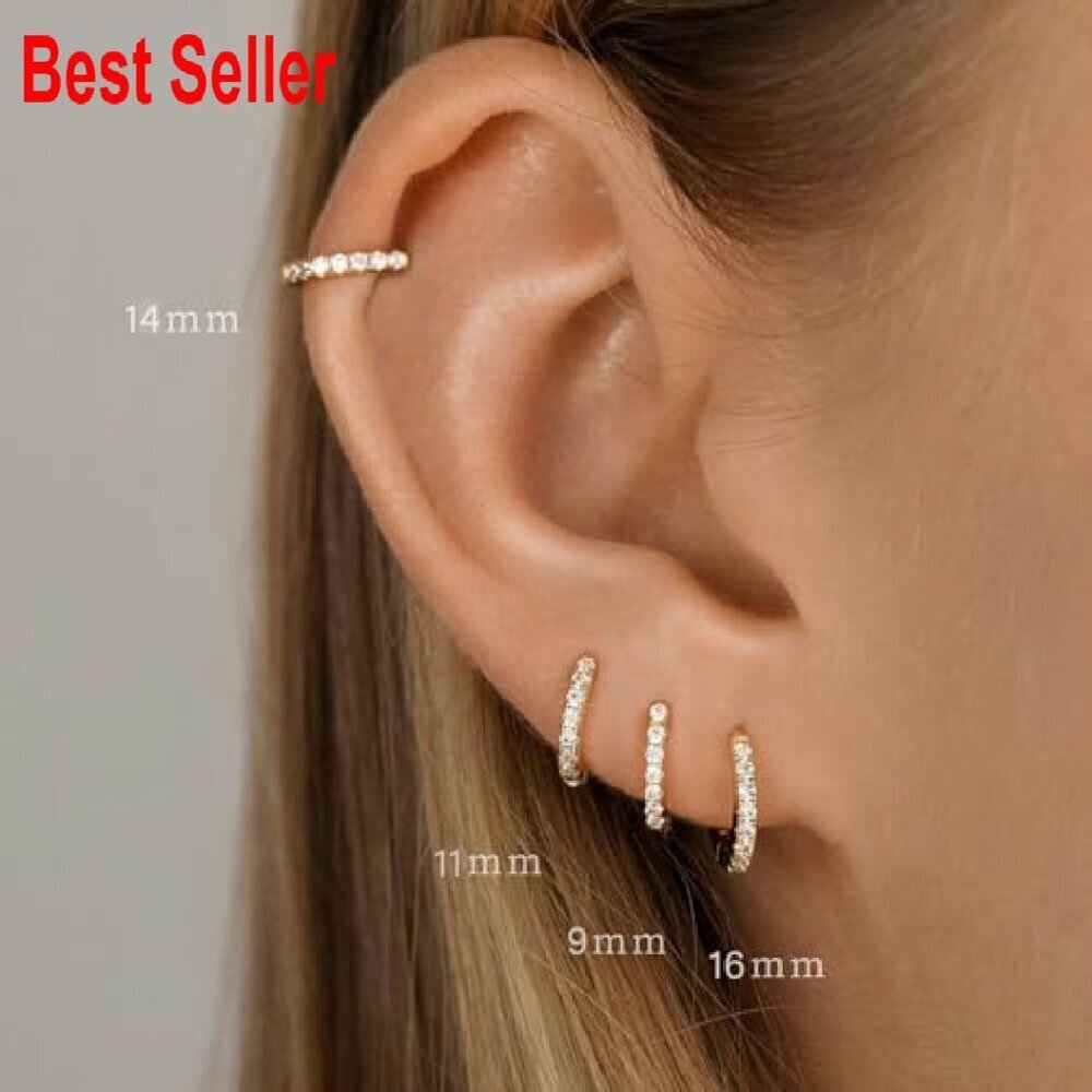 Hypoallergenic Cubic Zirconia Huggie Hoop Earrings Set Lightweight Minimal Chic - Picture 4 of 8